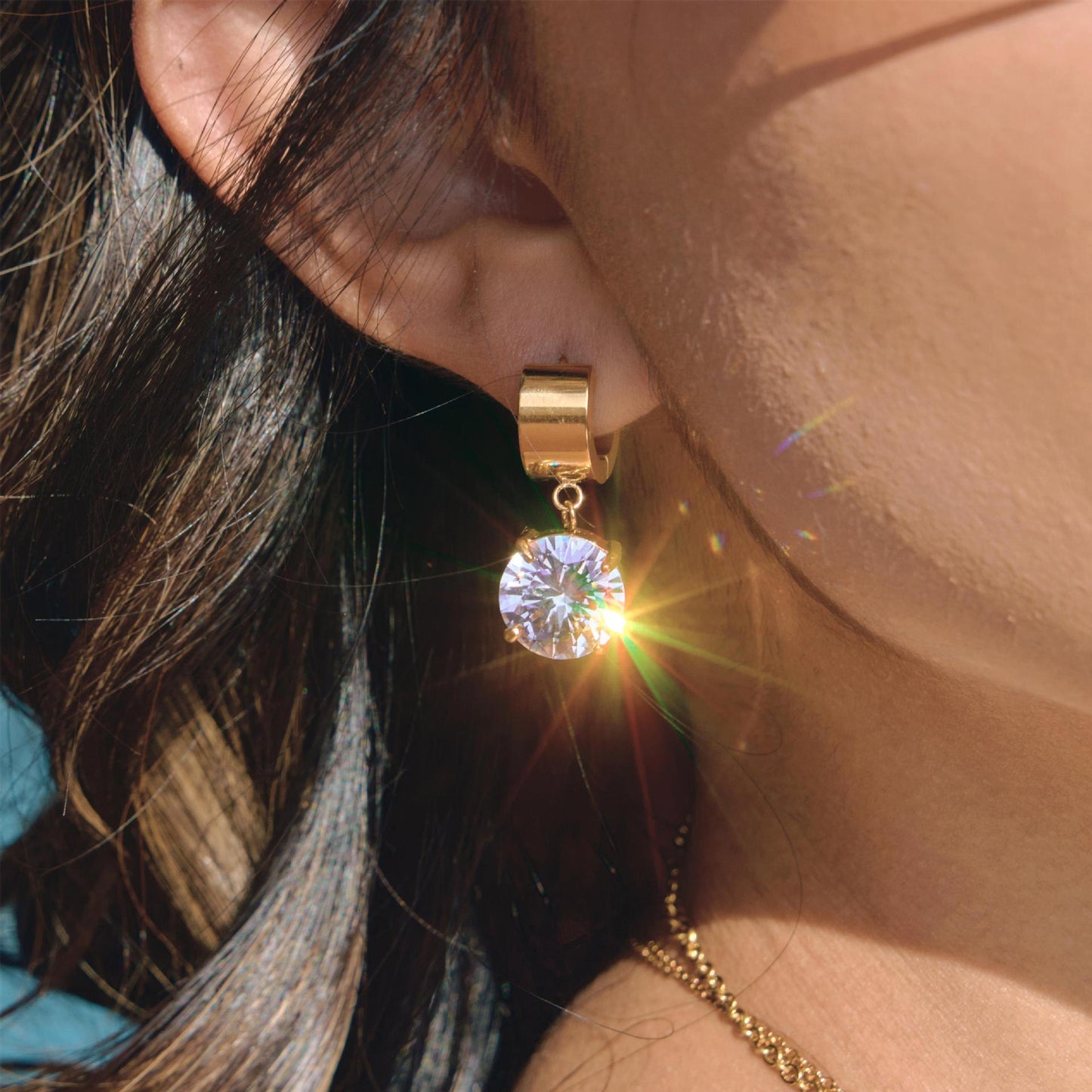 Stainless Steel Cubic Zirconia Pendant Huggie Earrings