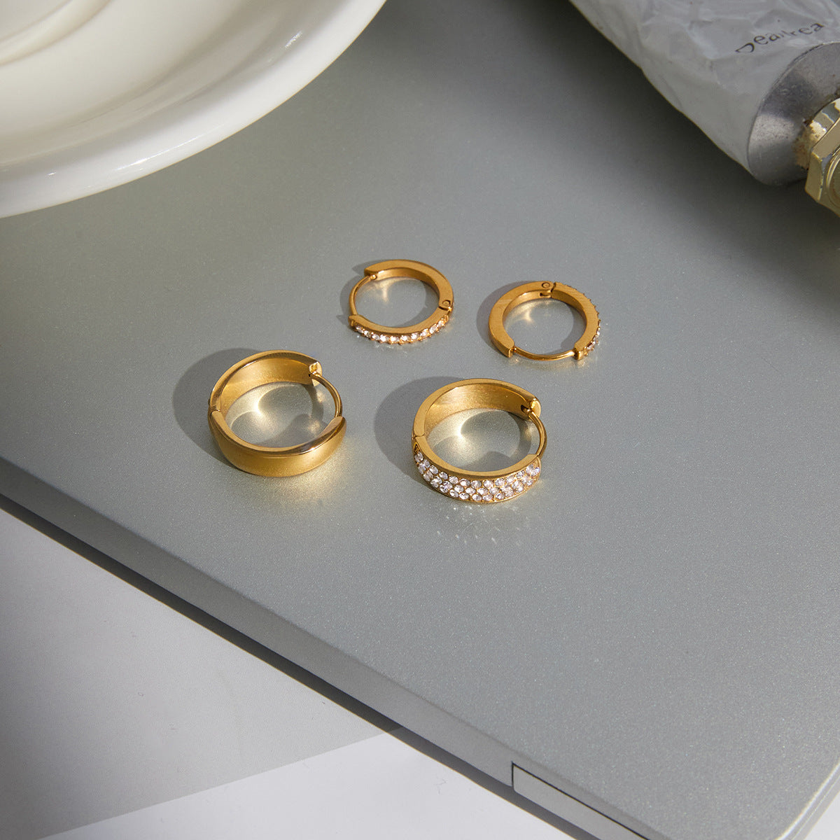 Stainless Steel 18K Gold PVD Rhinestone Hoop Earrings