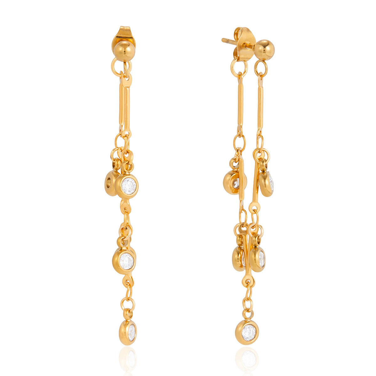 Stainless Steel Cubic Zirconia Chain Tassel Stud Earrings