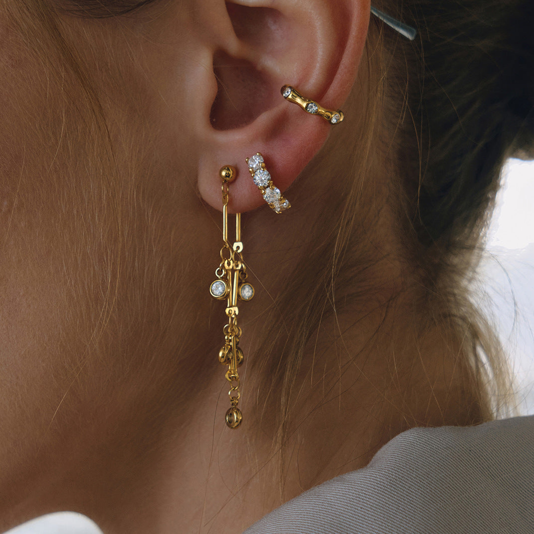Stainless Steel Cubic Zirconia Chain Tassel Stud Earrings