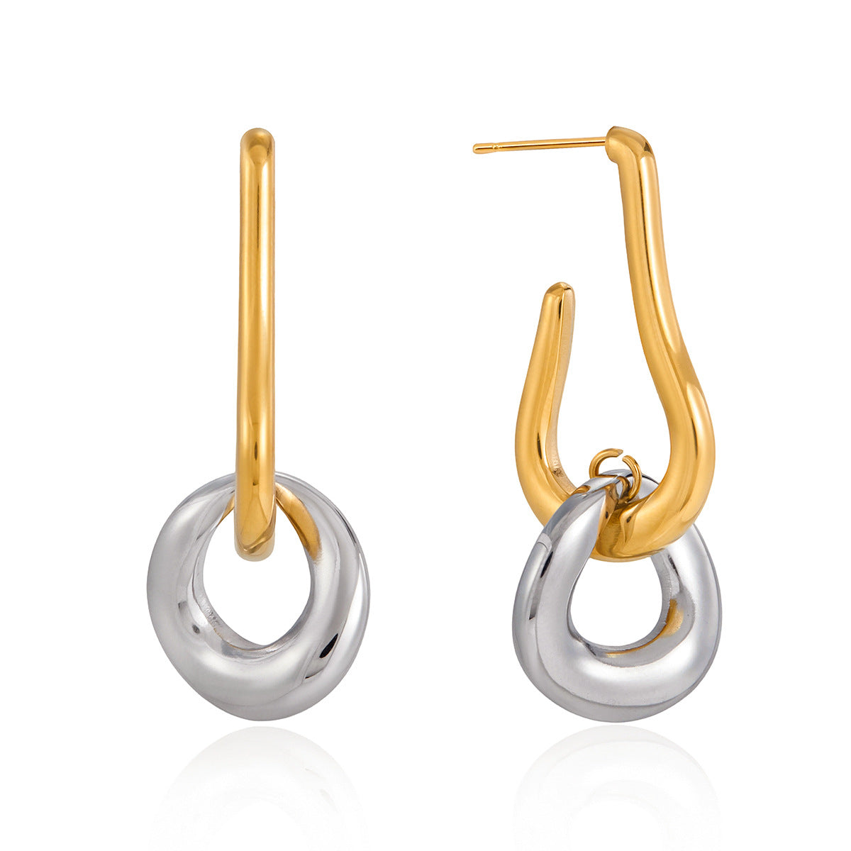 Stainless Steel Gold and Steel Two-Tone Pendant Stud Earrings