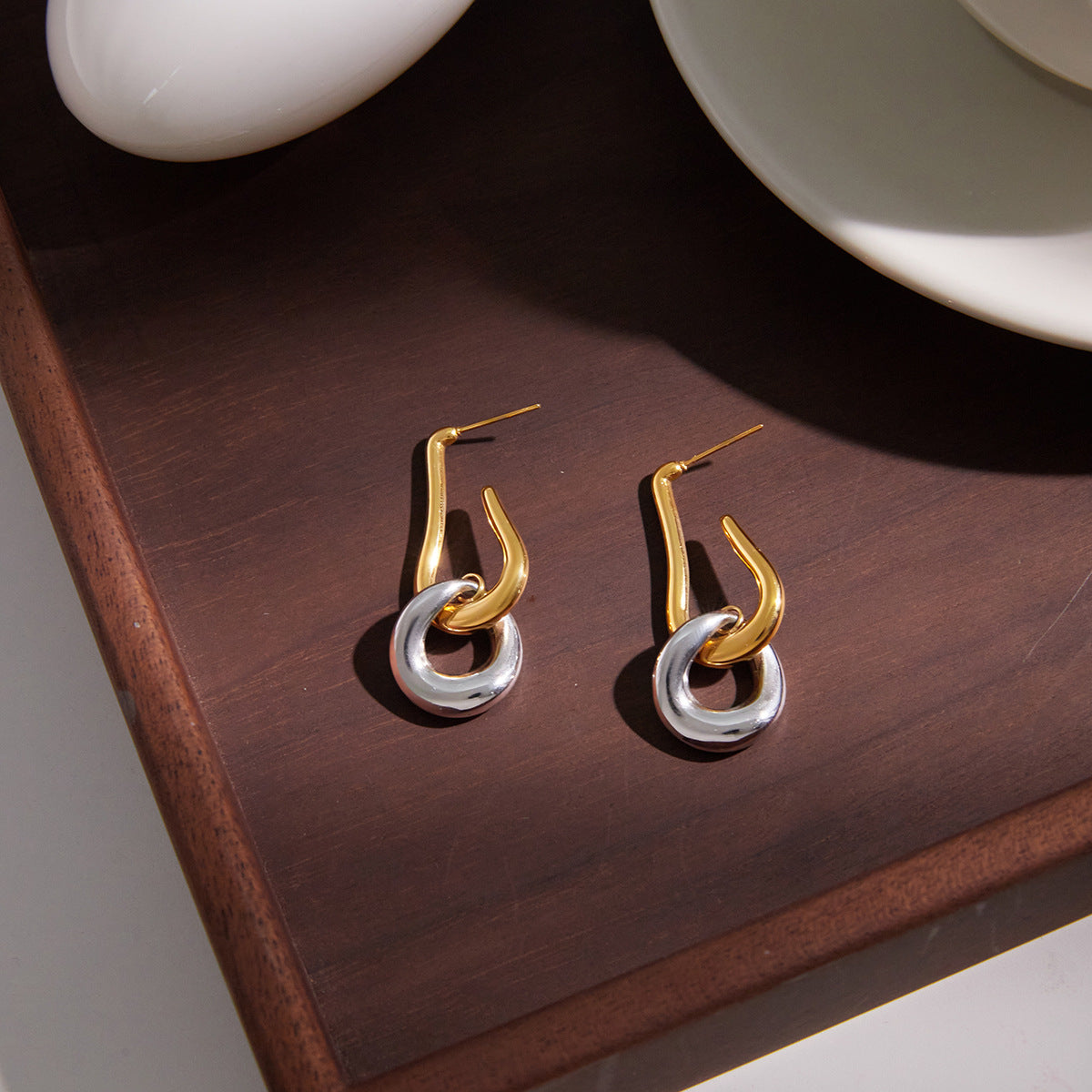 Stainless Steel Gold and Steel Two-Tone Pendant Stud Earrings