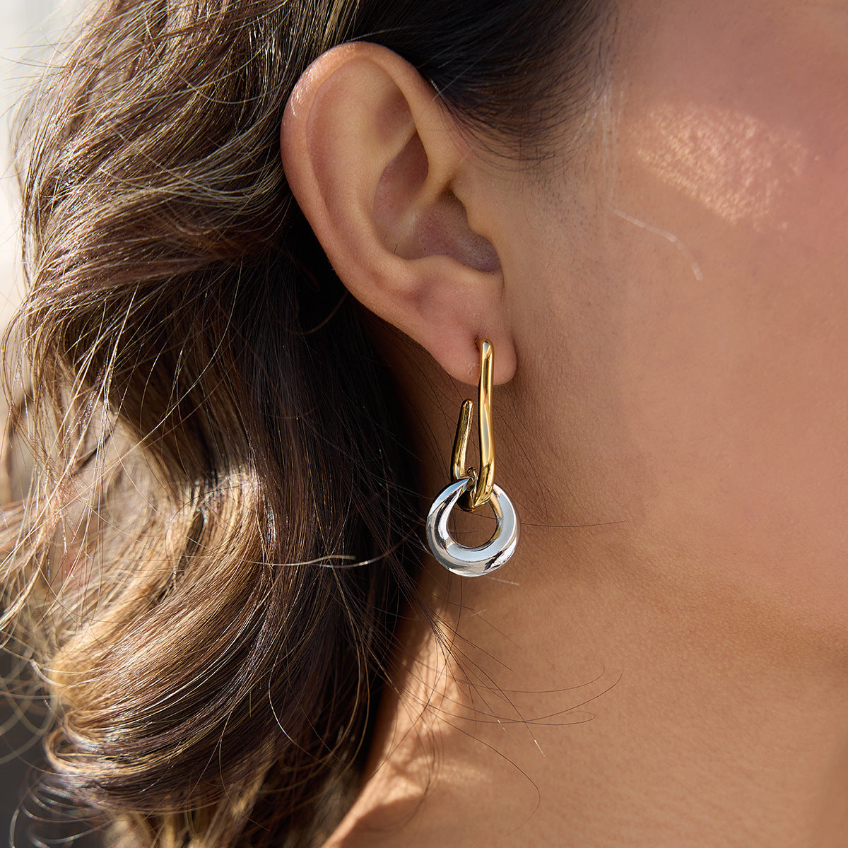 Stainless Steel Gold and Steel Two-Tone Pendant Stud Earrings
