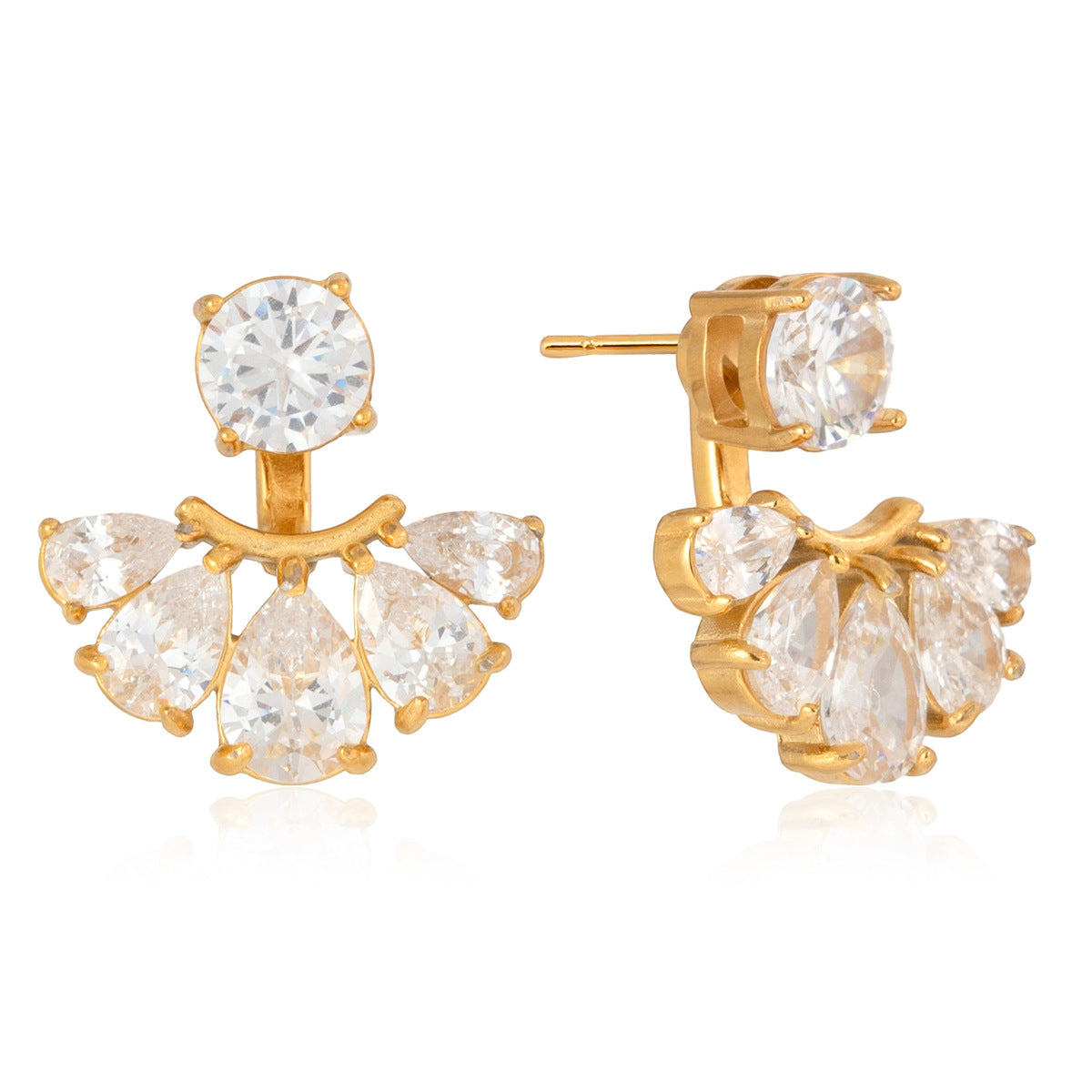 Stainless Steel CZ Fan-shaped Front and Back Earrings