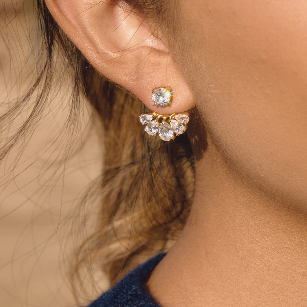 Stainless Steel CZ Fan-shaped Front and Back Earrings