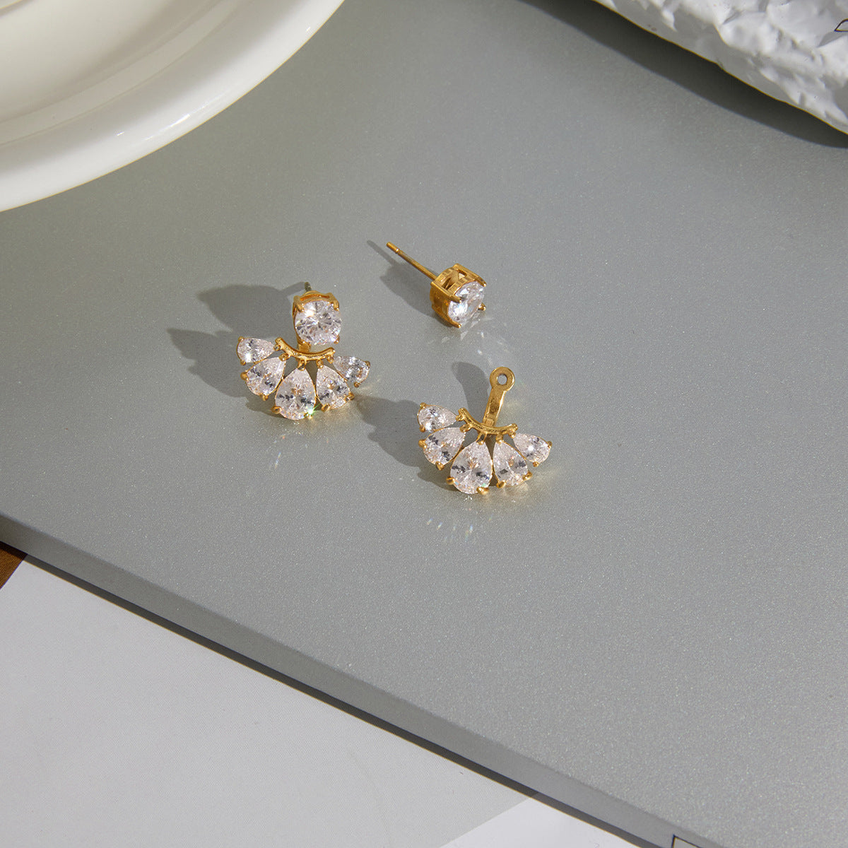 Stainless Steel CZ Fan-shaped Front and Back Earrings