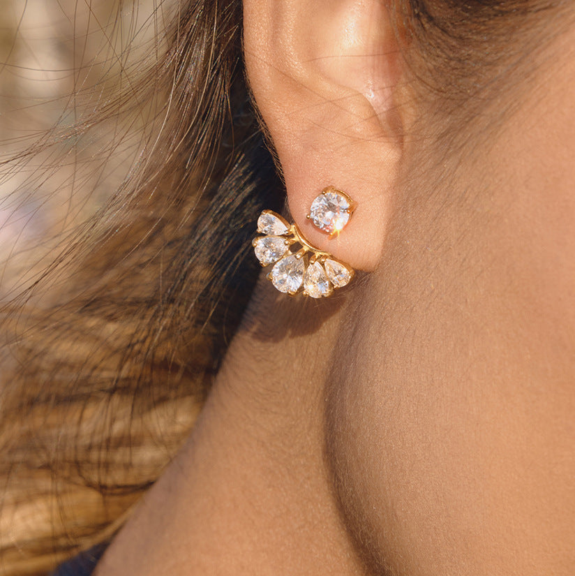 Stainless Steel CZ Fan-shaped Front and Back Earrings