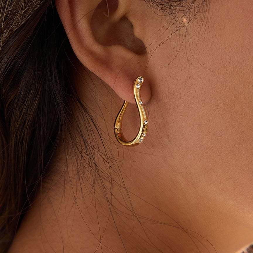 Stainless Steel Irregular Diamond-encrusted Hoop Earrings