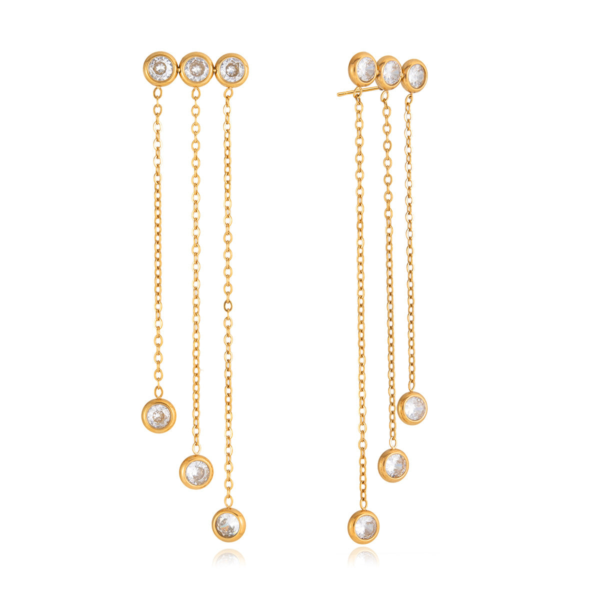 Stainless Steel Stud Earrings with 3 Zircon Tassels