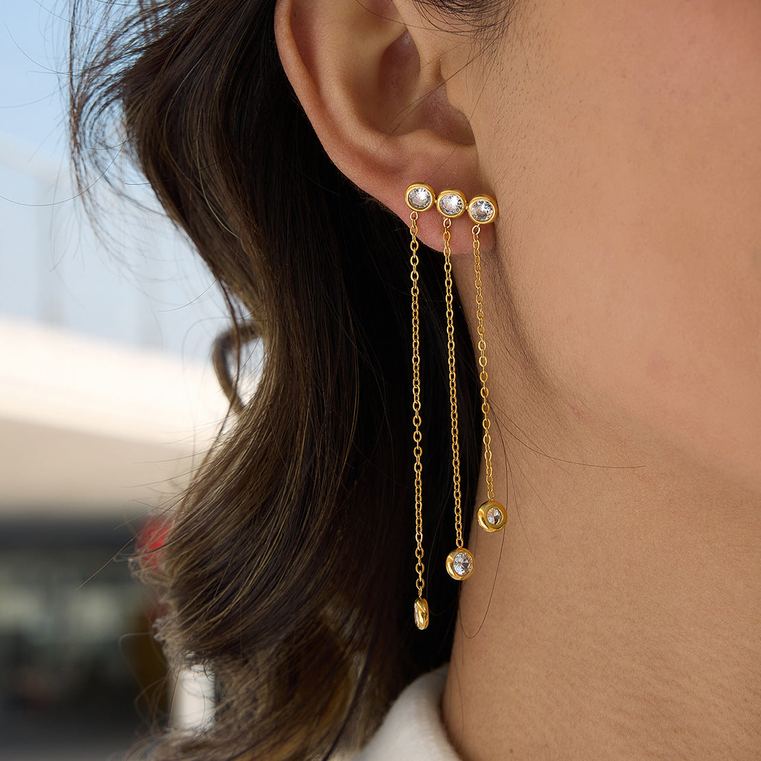 Stainless Steel Stud Earrings with 3 Zircon Tassels