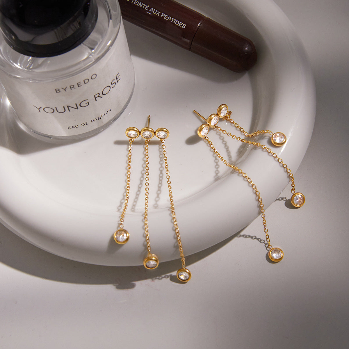 Stainless Steel Stud Earrings with 3 Zircon Tassels