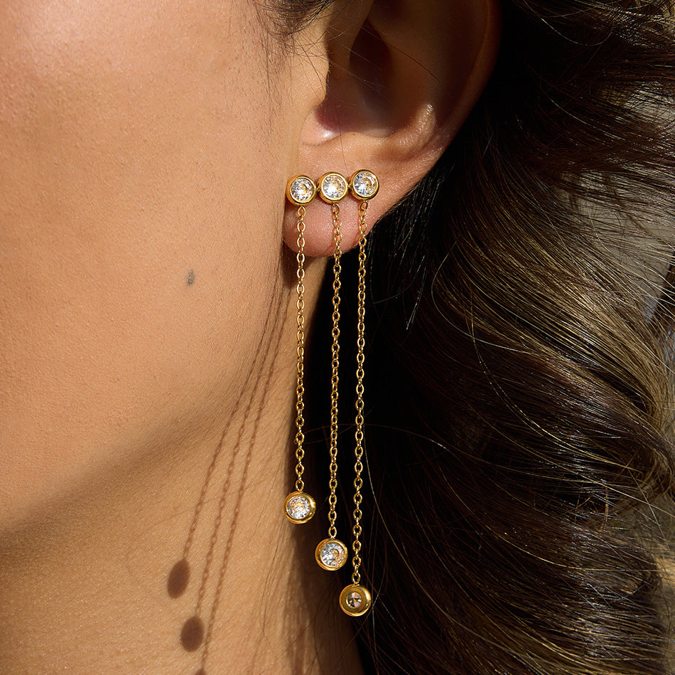 Stainless Steel Stud Earrings with 3 Zircon Tassels