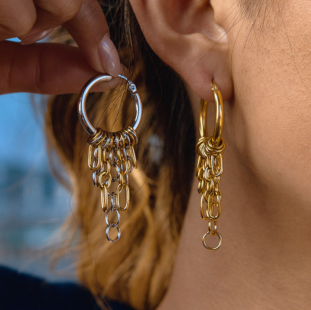 Stainless Steel Chain Tassel Hoop Earrings