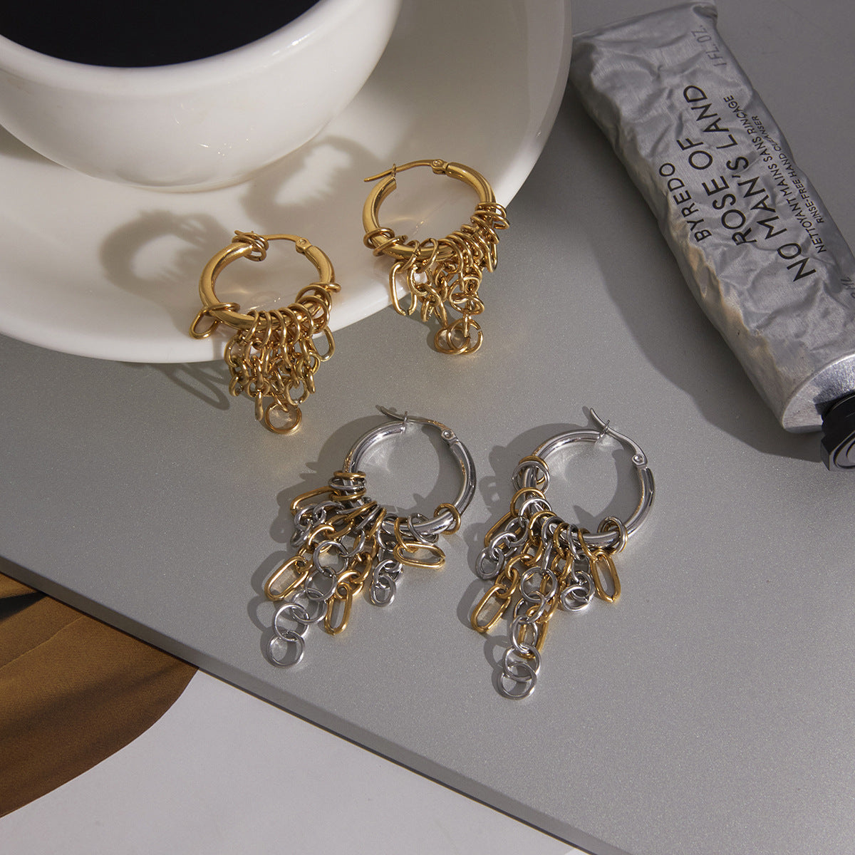 Stainless Steel Chain Tassel Hoop Earrings