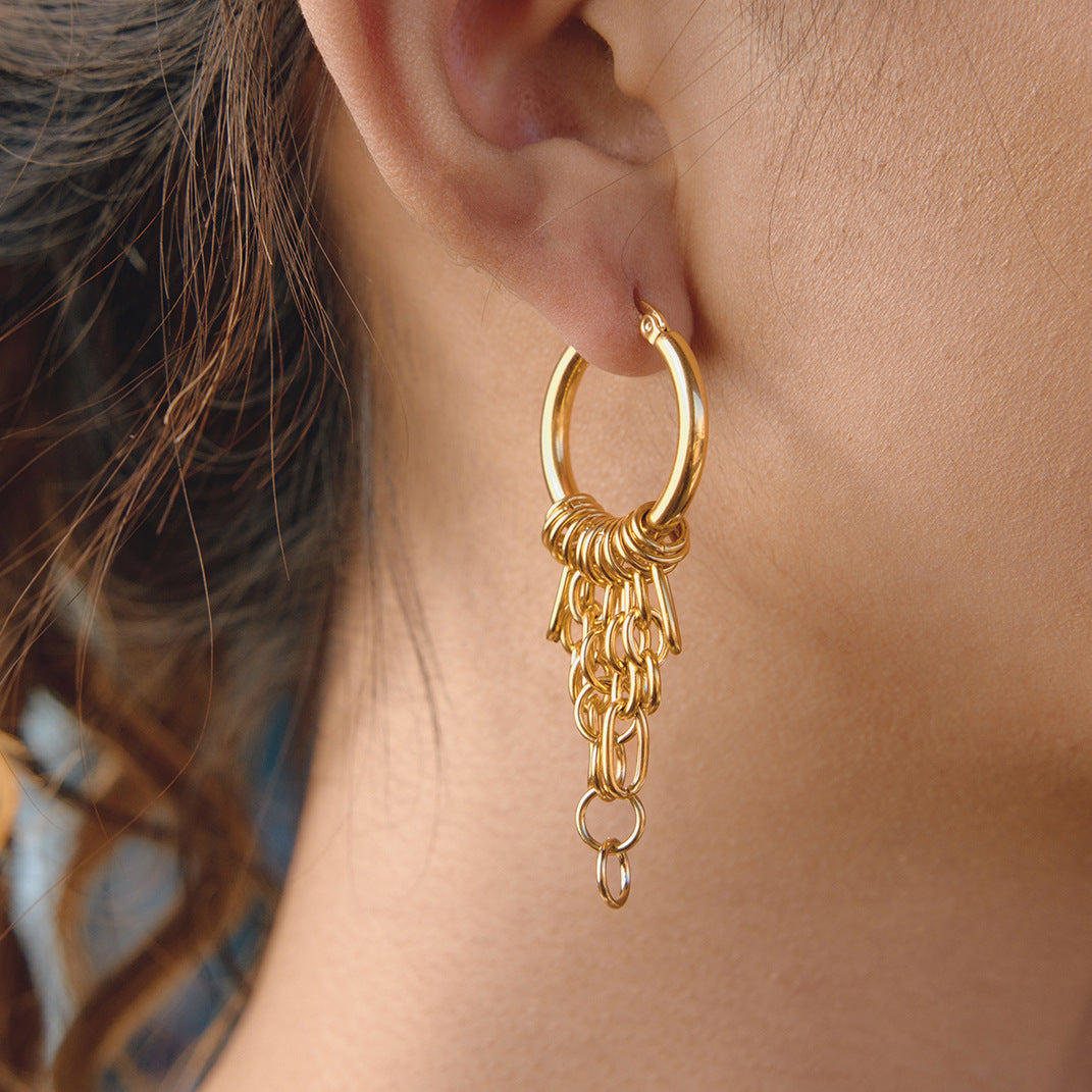 Stainless Steel Chain Tassel Hoop Earrings