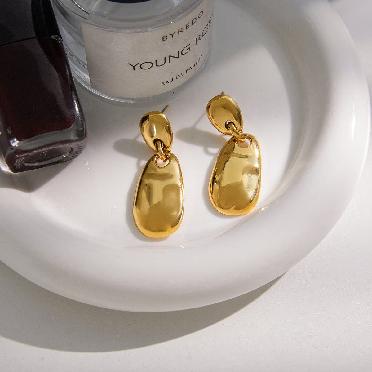 Stainless Steel 18K Gold PVD Oval Pendant Stud Earrings