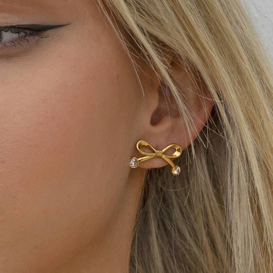 Stainless Steel Bowknot Heart CZ Stud Earrings