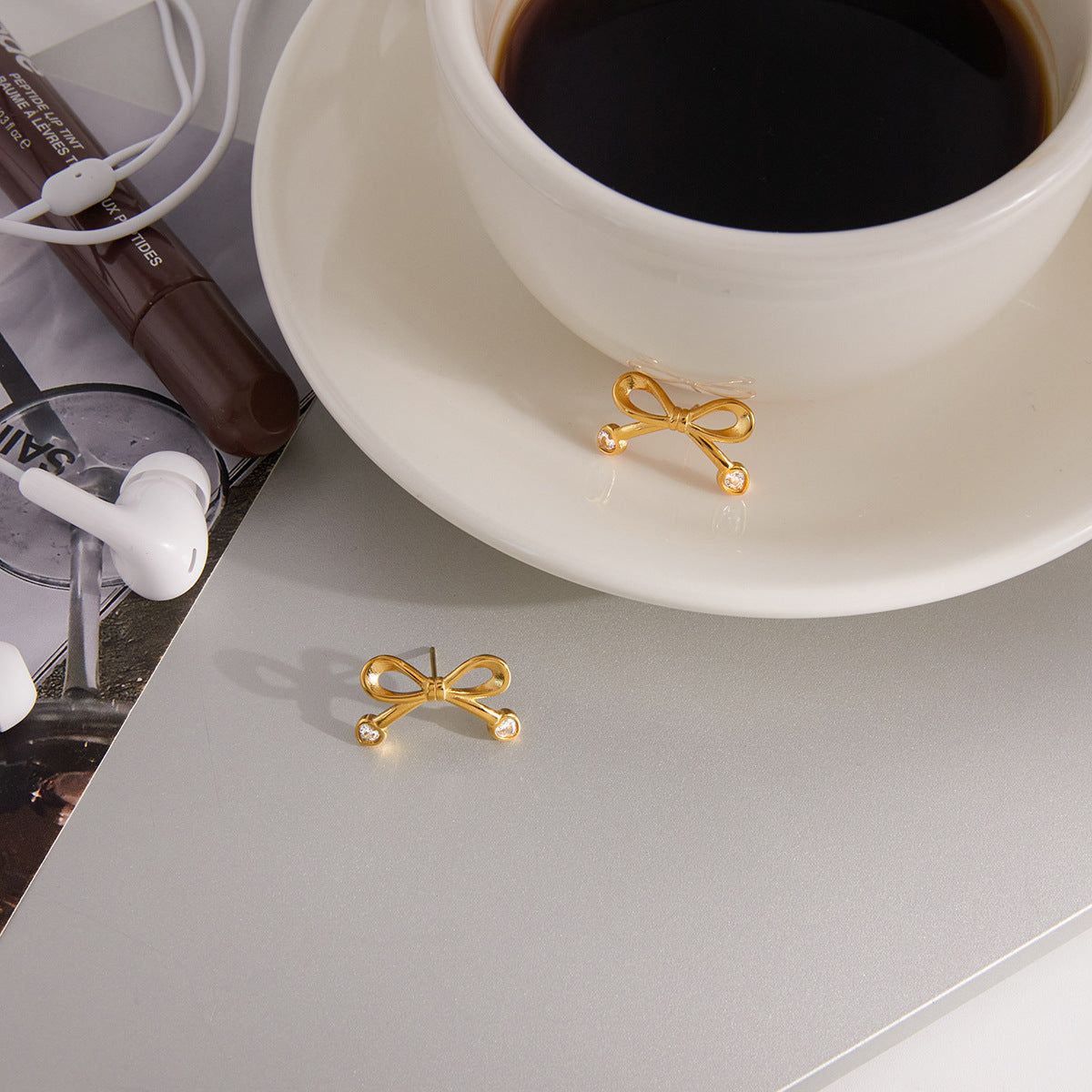 Stainless Steel Bowknot Heart CZ Stud Earrings