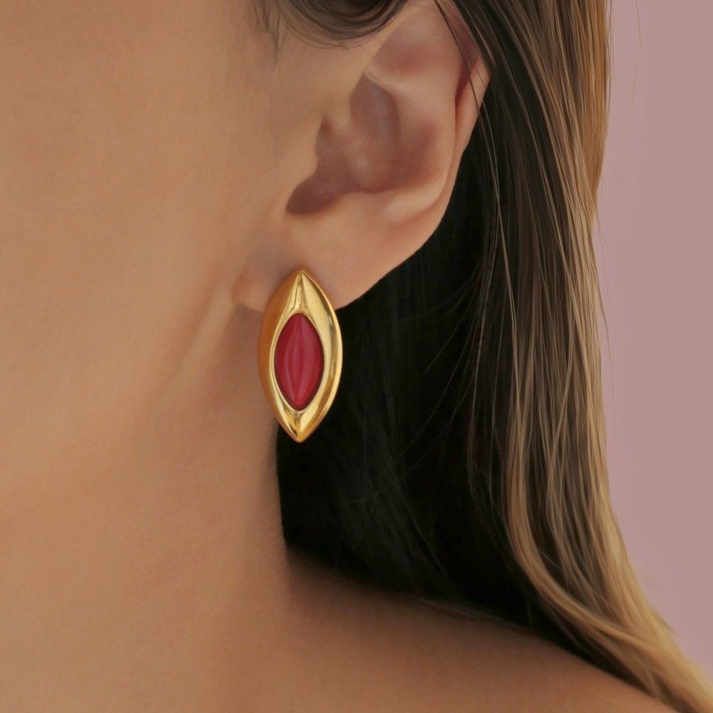 Stainless Steel Oval Agate Stud Earrings