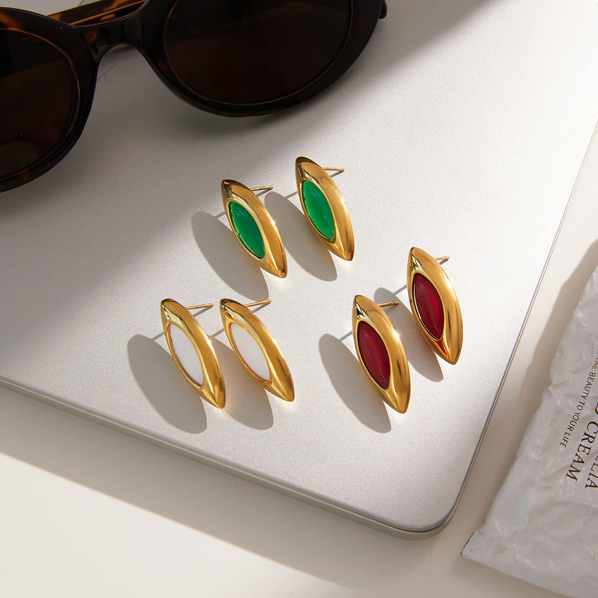 Stainless Steel Oval Agate Stud Earrings