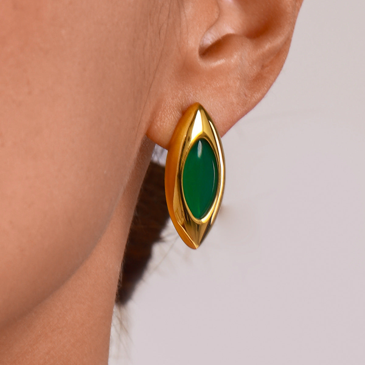 Stainless Steel Oval Agate Stud Earrings