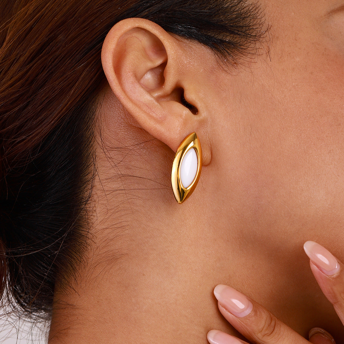 Stainless Steel Oval Agate Stud Earrings