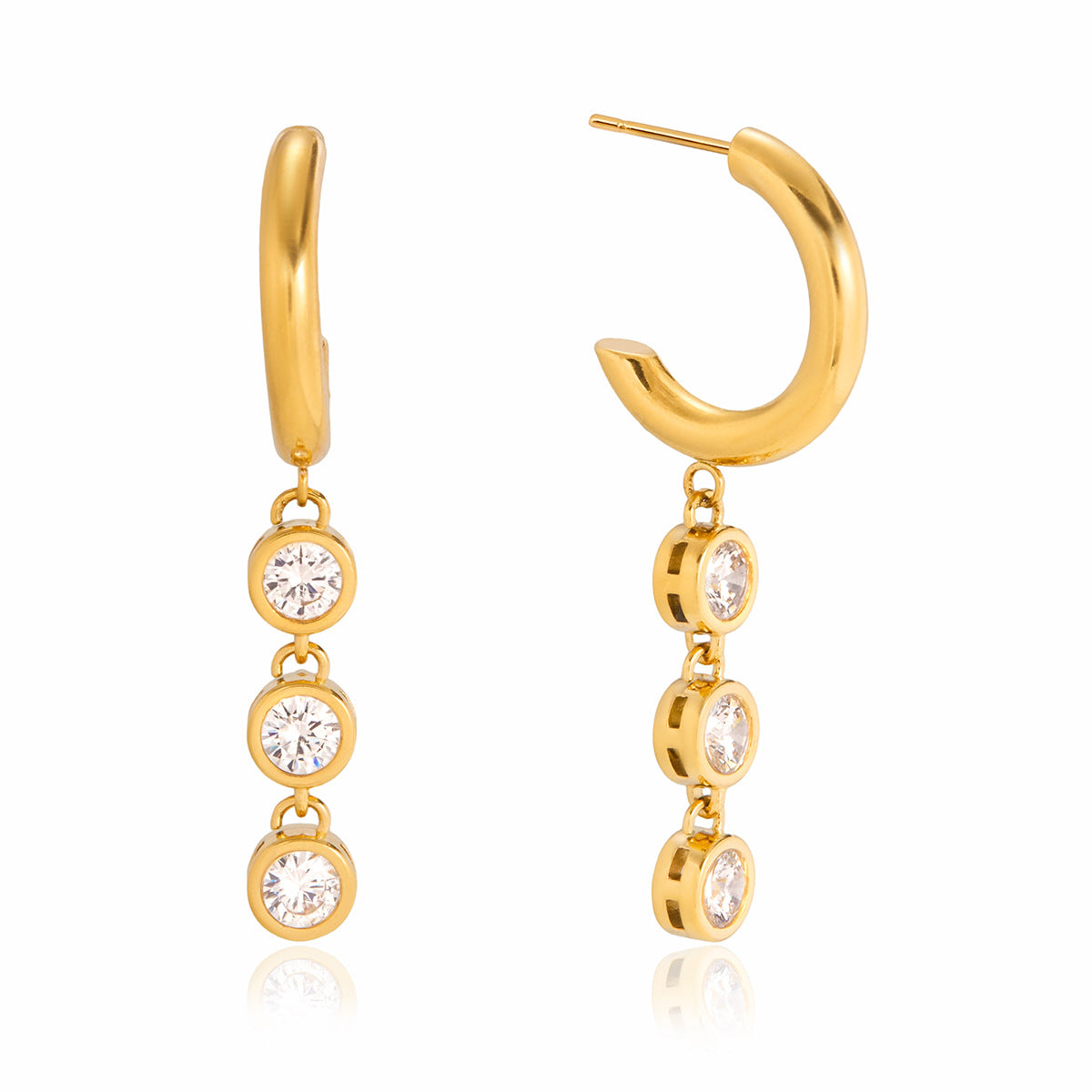 Stainless Steel Cubic Zirconia Tassel C-shaped Stud Earrings