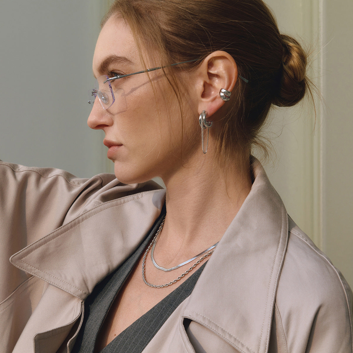 Stainless Steel C-shaped Tassel Chain Earrings