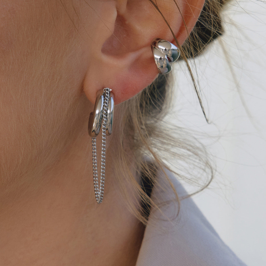 Stainless Steel C-shaped Tassel Chain Earrings