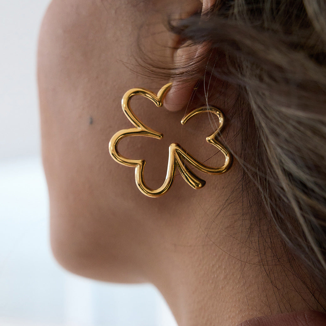 Stainless Steel Hollow-out Four-leaf Clover Stud Earrings
