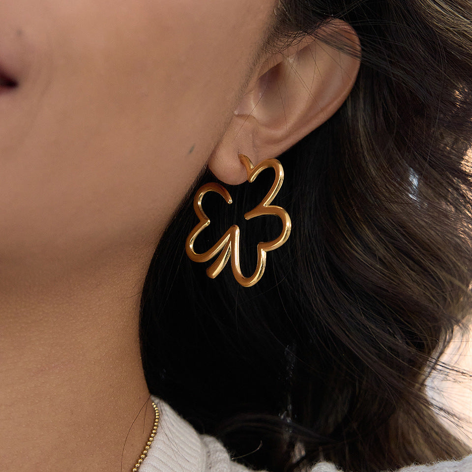Stainless Steel Hollow-out Four-leaf Clover Stud Earrings