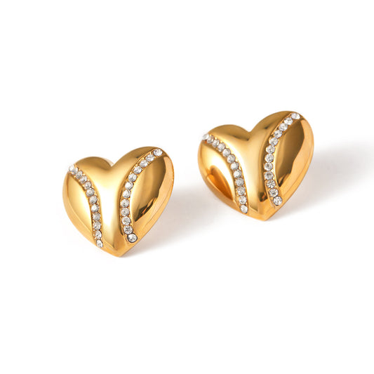 Stainless Steel 18K Gold PVD Diamond-encrusted Heart Earrings