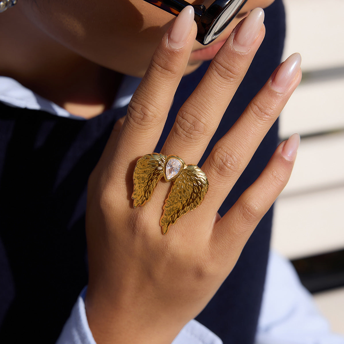 Stainless Steel Wing Cubic Zirconia Ring