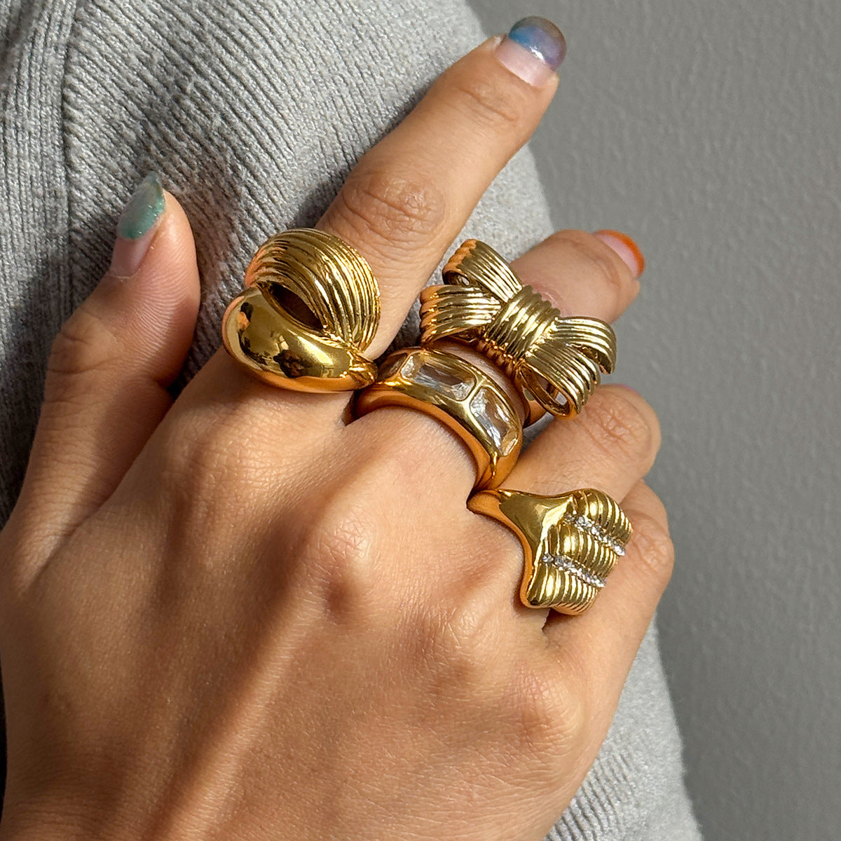 Stainless Bowknot Cubic Zirconia Geometric Ring