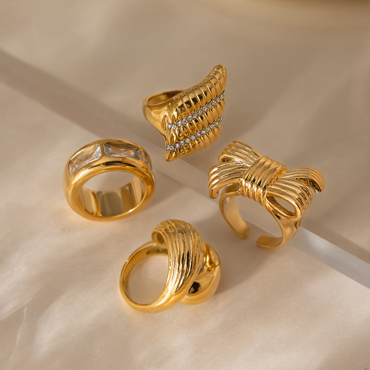 Stainless Bowknot Cubic Zirconia Geometric Ring