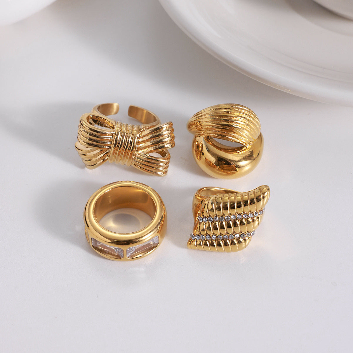 Stainless Bowknot Cubic Zirconia Geometric Ring