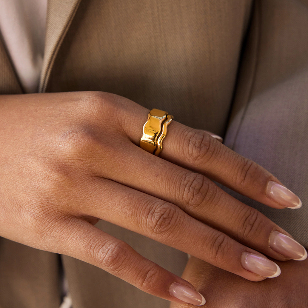 Stainless Steel 18K Gold PVD Wavy Rings - 2 Pcs