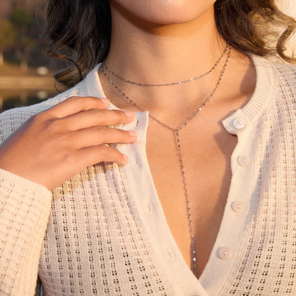 Stainless Steel Double-layer Lip Chain Lariat Necklace