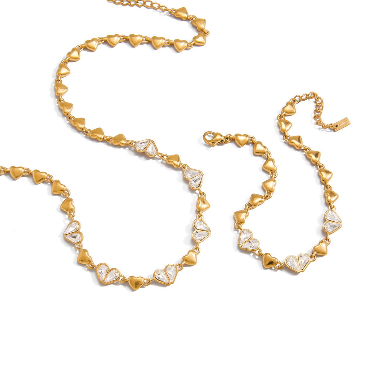 Stainless Steel Heart CZ Necklace Bracelet Jewelry Set