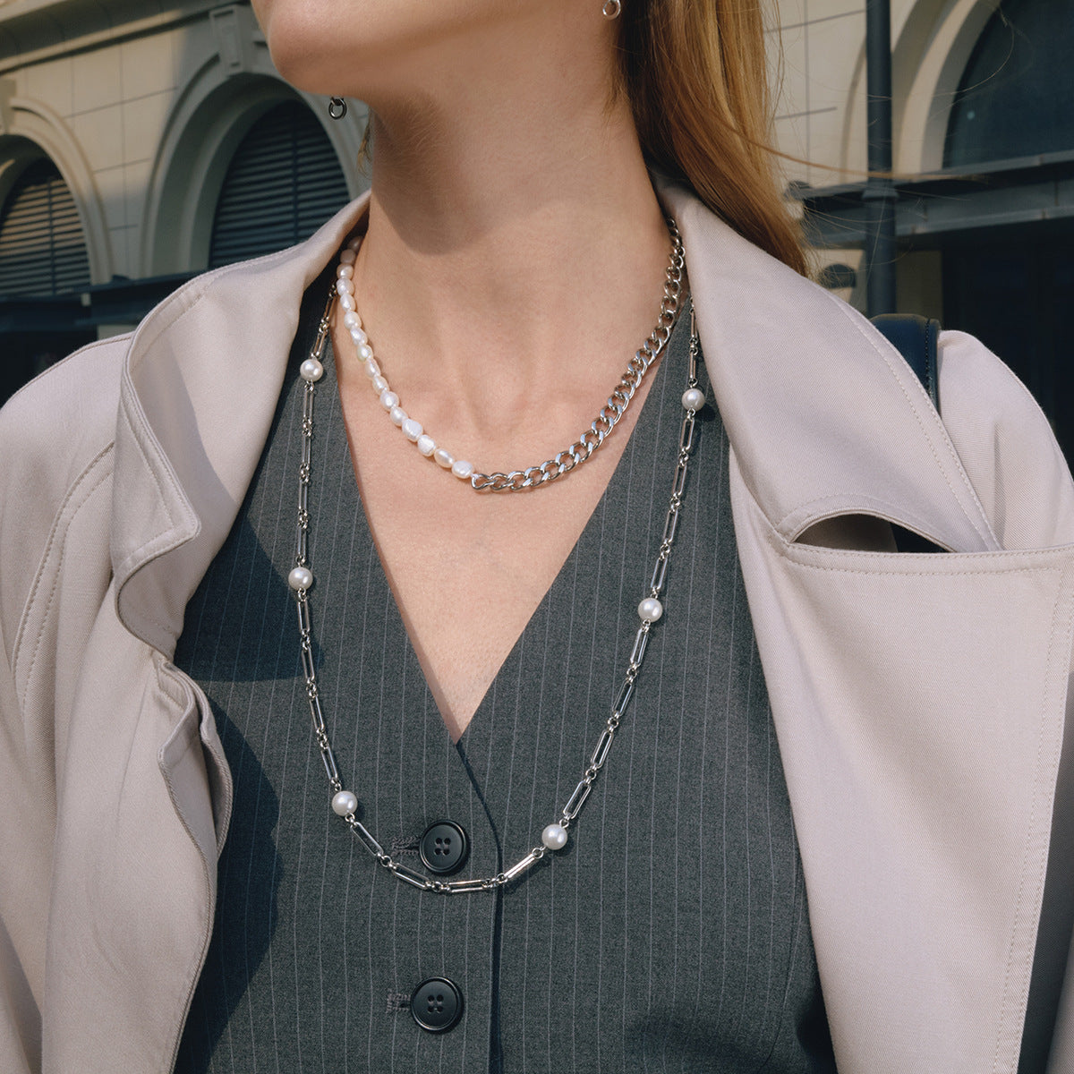 Stainless Steel Pearl Long Sweater Chain Necklace