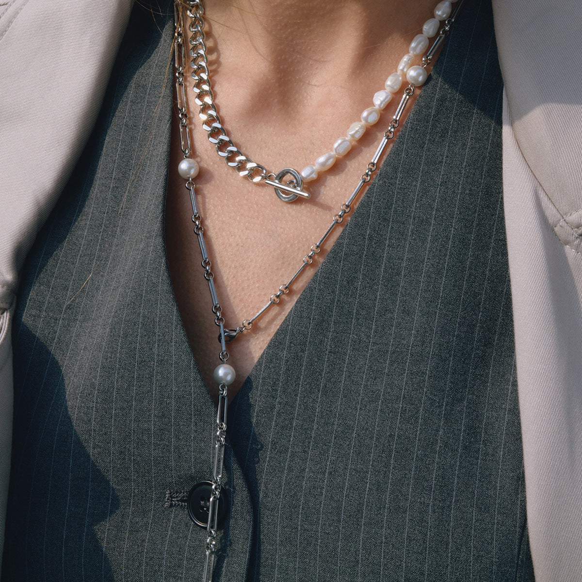 Stainless Steel Pearl Long Sweater Chain Necklace