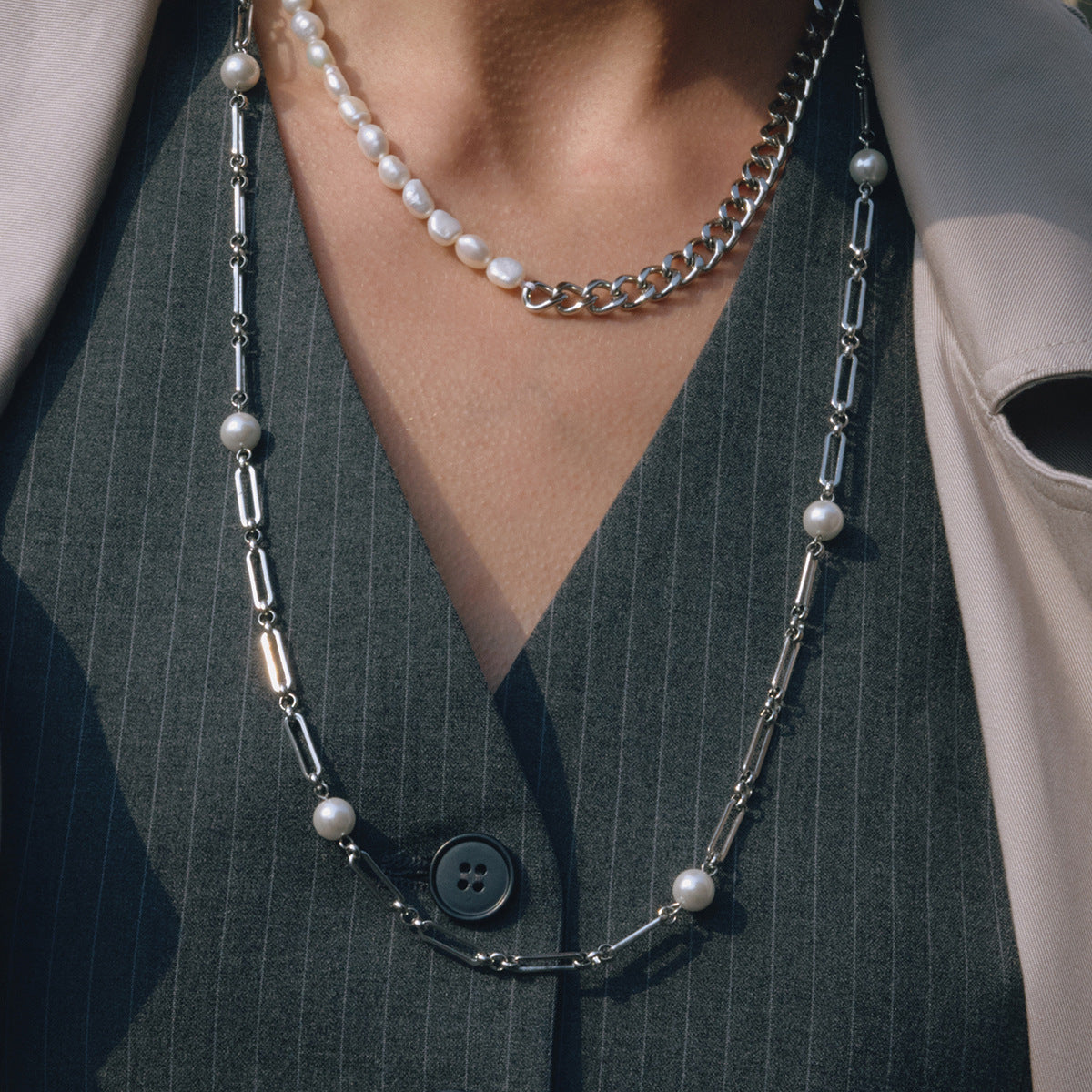Stainless Steel Pearl Long Sweater Chain Necklace