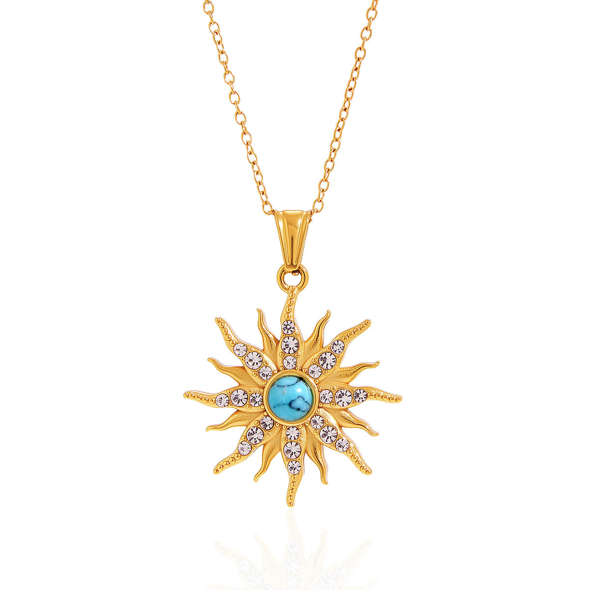 Stainless Steel Blue Turquoise Sun Rhinestone Pendant Necklace