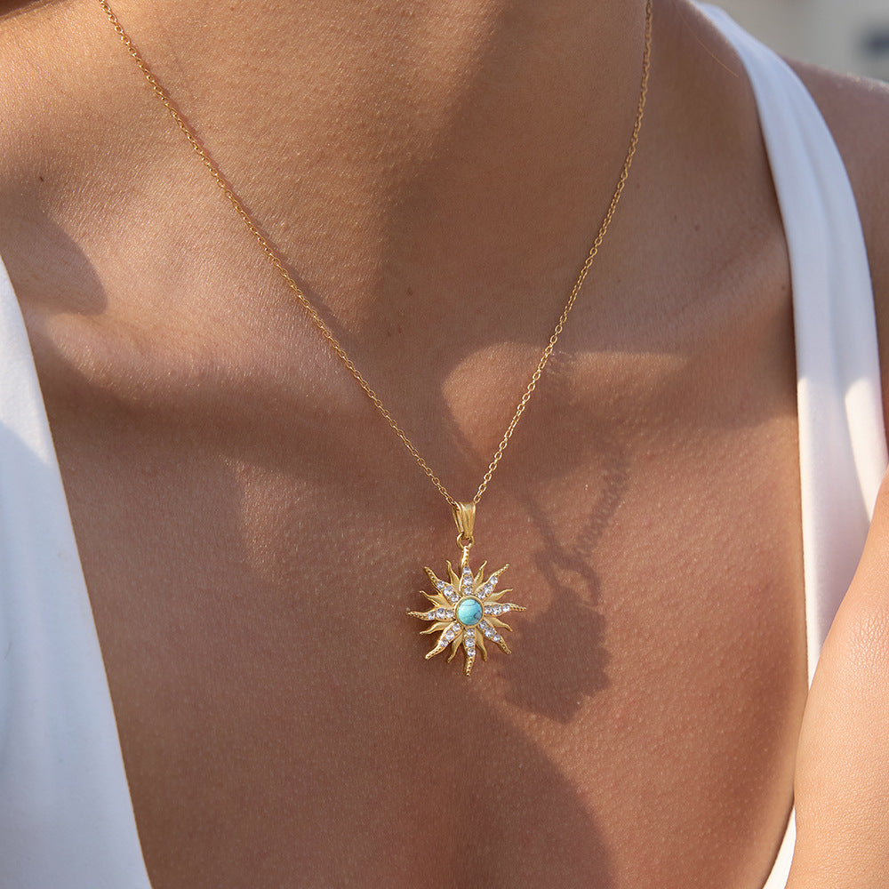 Stainless Steel Blue Turquoise Sun Rhinestone Pendant Necklace