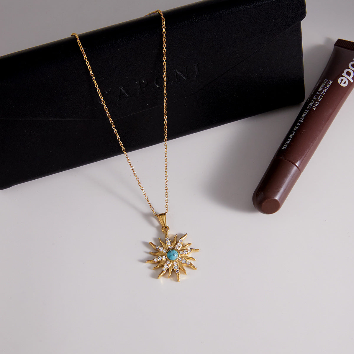 Stainless Steel Blue Turquoise Sun Rhinestone Pendant Necklace