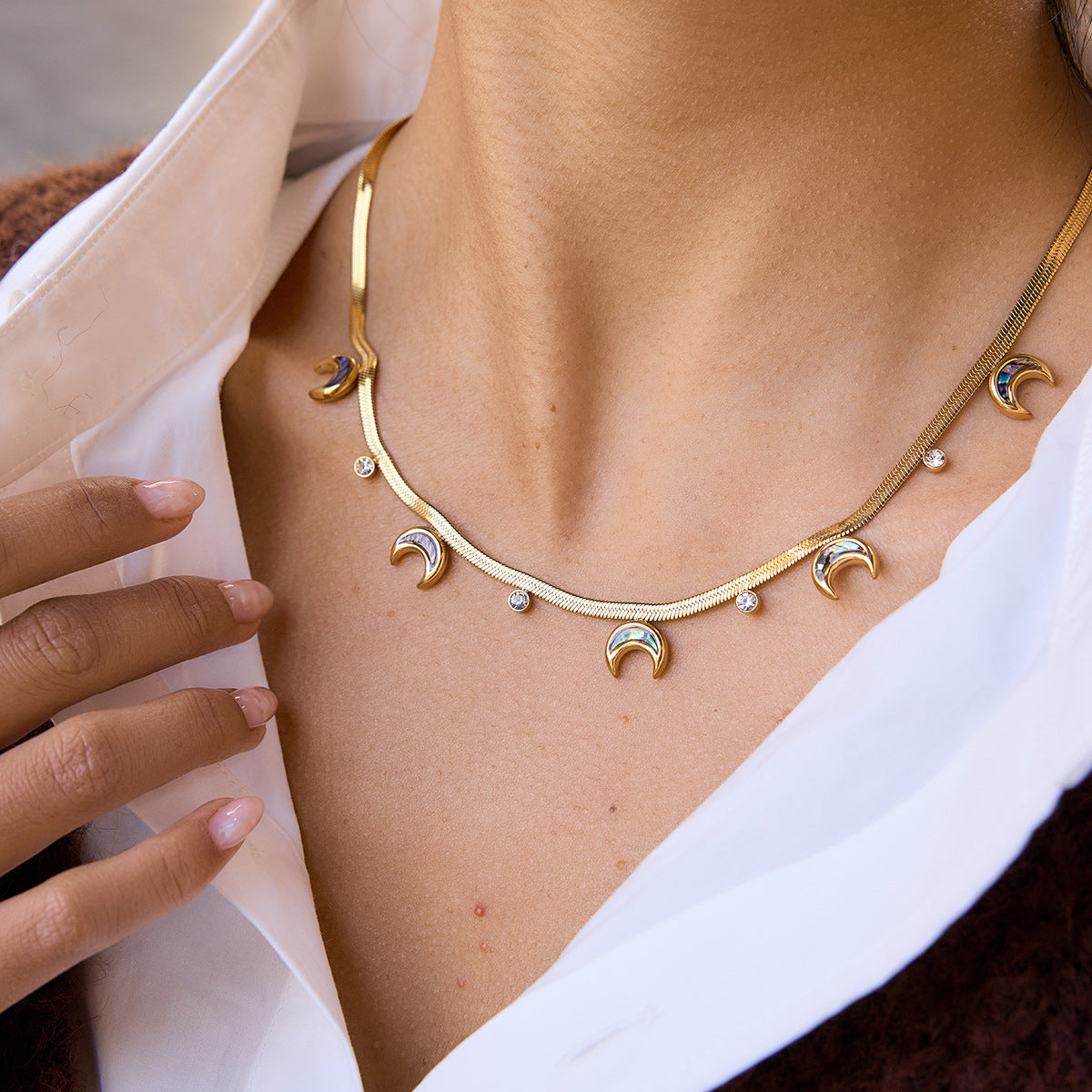 Stainless Steel Moon Pendant Snake Chain Necklace