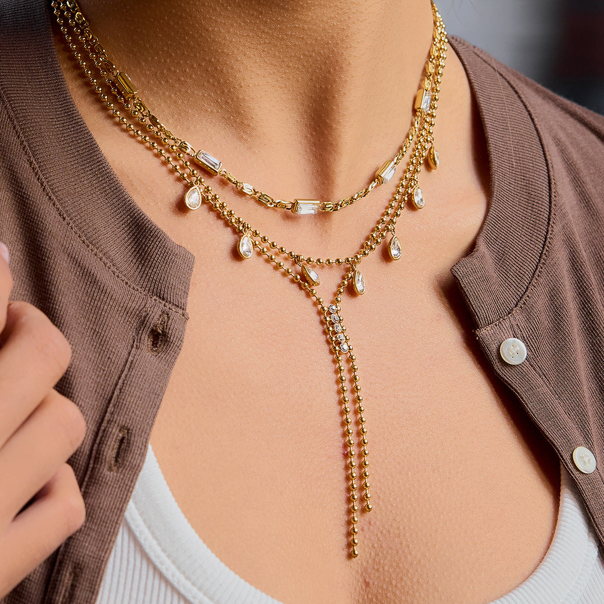 Stainless Steel Cubic Zirconia Clavicle Necklace