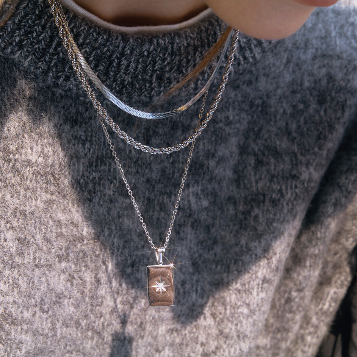 Stainless Steel Eight-pointed Star Pendant Multi-layer Necklace
