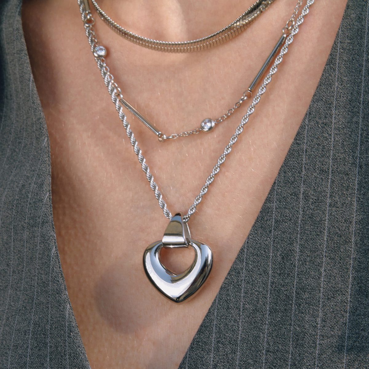 Stainless Steel Heart-shaped Pendant Rope Chain Necklace