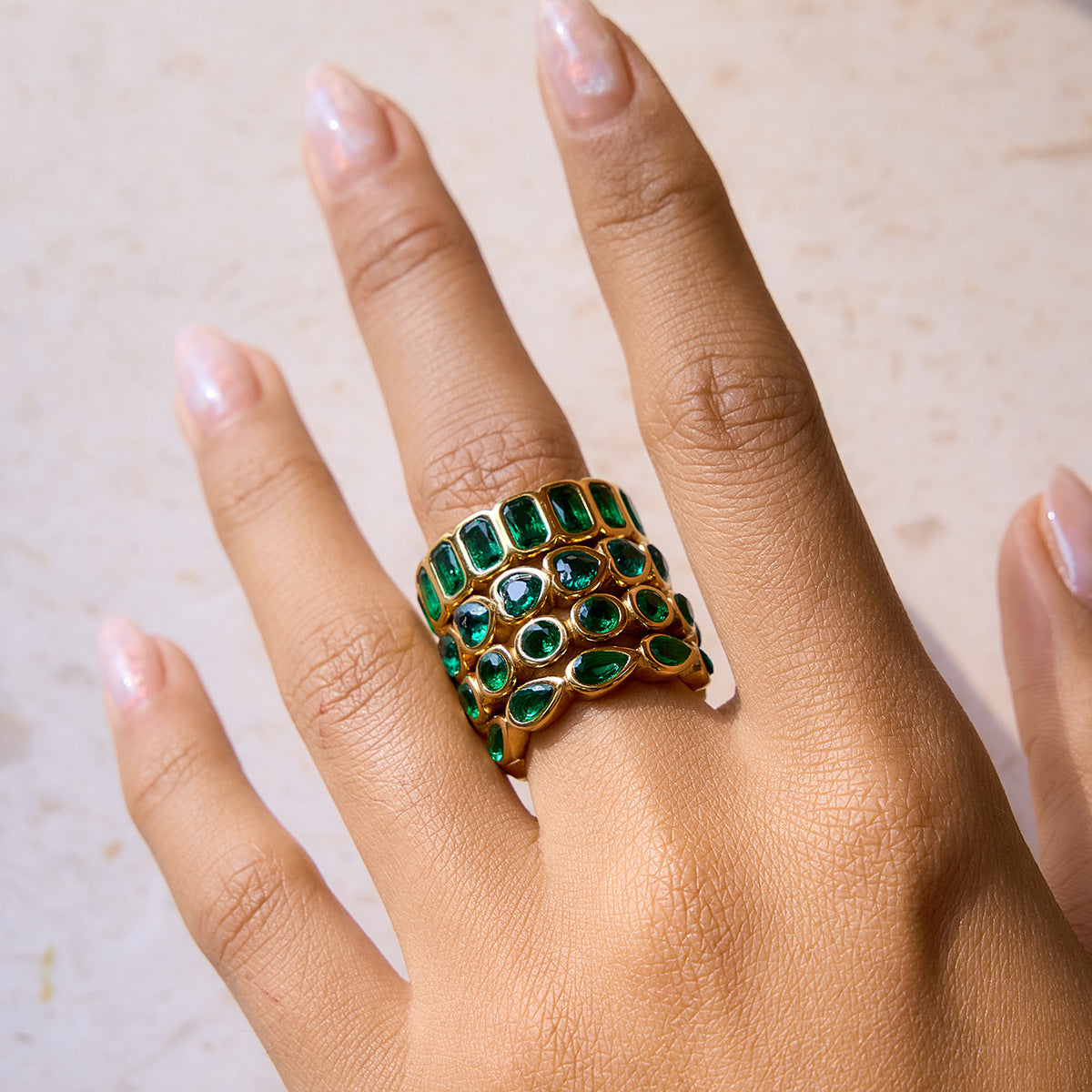 Stainless Steel 18K Gold PVD Cubic Zirconia Ring Collection